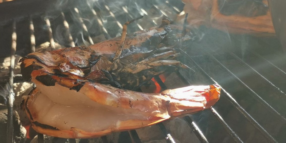 Grote gamba’s van de barbecue in botersaus